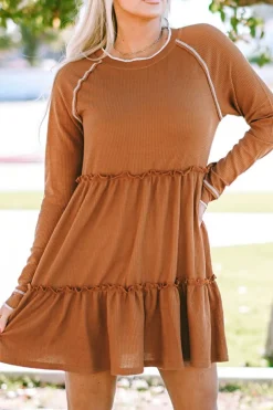 New Dear-Lover Textured Tiered Ruffled Long Sleeve Mini Dress Chestnut