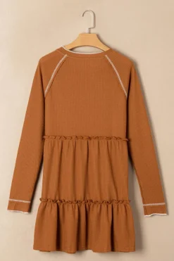 New Dear-Lover Textured Tiered Ruffled Long Sleeve Mini Dress Chestnut