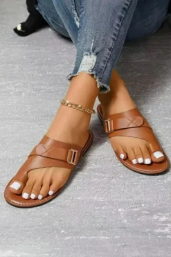 Discount Dear-Lover Toe Ring Flat Sandal Slippers Chestnut