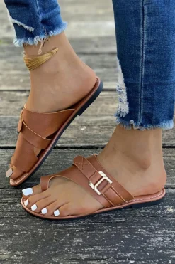 Discount Dear-Lover Toe Ring Flat Sandal Slippers Chestnut