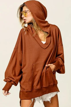 New Dear-Lover V Neck Kangaroo Pocket Oversized Hoodie Chestnut