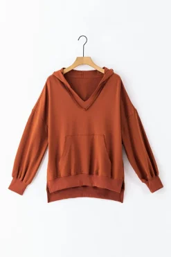 New Dear-Lover V Neck Kangaroo Pocket Oversized Hoodie Chestnut