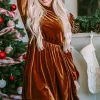 Outlet Dear-Lover Velvet Frilled Neck Gigot Sleeve Swing Dress Chestnut