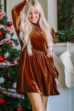 Outlet Dear-Lover Velvet Frilled Neck Gigot Sleeve Swing Dress Chestnut
