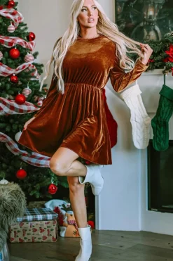 Outlet Dear-Lover Velvet Frilled Neck Gigot Sleeve Swing Dress Chestnut