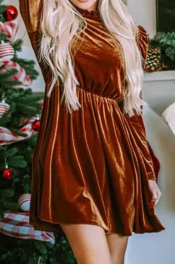 Outlet Dear-Lover Velvet Frilled Neck Gigot Sleeve Swing Dress Chestnut
