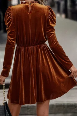 Outlet Dear-Lover Velvet Frilled Neck Gigot Sleeve Swing Dress Chestnut