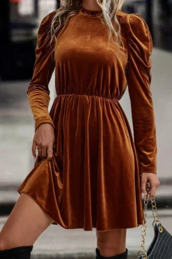 Outlet Dear-Lover Velvet Frilled Neck Gigot Sleeve Swing Dress Chestnut