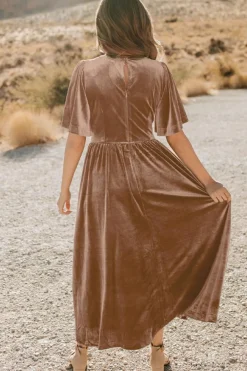 Outlet Dear-Lover Velvet Lacy V Neckline Short Sleeve Empire Waist Flowy Maxi Dress Chestnut