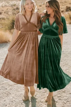 Outlet Dear-Lover Velvet Lacy V Neckline Short Sleeve Empire Waist Flowy Maxi Dress Chestnut