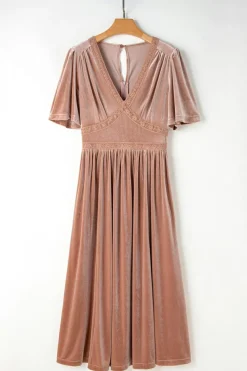 Outlet Dear-Lover Velvet Lacy V Neckline Short Sleeve Empire Waist Flowy Maxi Dress Chestnut