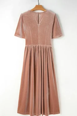 Outlet Dear-Lover Velvet Lacy V Neckline Short Sleeve Empire Waist Flowy Maxi Dress Chestnut