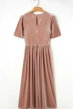 Outlet Dear-Lover Velvet Lacy V Neckline Short Sleeve Empire Waist Flowy Maxi Dress Chestnut