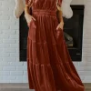 Clearance Dear-Lover Velvet Short Sleeve Shirred Waist Tiered Maxi Dress Chestnut