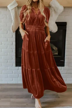 Clearance Dear-Lover Velvet Short Sleeve Shirred Waist Tiered Maxi Dress Chestnut
