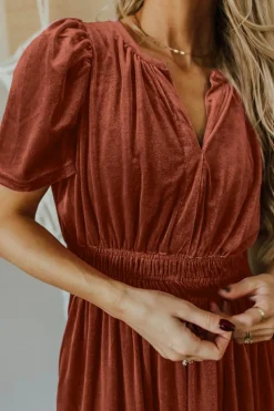 Clearance Dear-Lover Velvet Short Sleeve Shirred Waist Tiered Maxi Dress Chestnut
