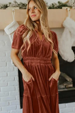 Clearance Dear-Lover Velvet Short Sleeve Shirred Waist Tiered Maxi Dress Chestnut