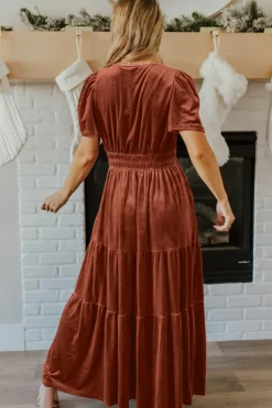 Clearance Dear-Lover Velvet Short Sleeve Shirred Waist Tiered Maxi Dress Chestnut