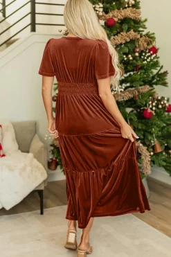 Clearance Dear-Lover Velvet Short Sleeve Shirred Waist Tiered Maxi Dress Chestnut