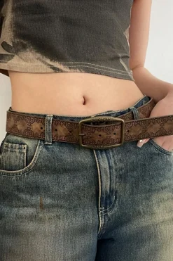 Clearance Dear-Lover Vintage Pattern PU Leather Waist Belt Chestnut