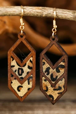 Best Dear-Lover Western Animal Print Insert Wooden Hollowed Earrings Chestnut