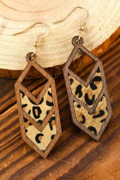 Best Dear-Lover Western Animal Print Insert Wooden Hollowed Earrings Chestnut