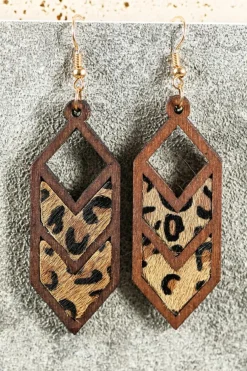Best Dear-Lover Western Animal Print Insert Wooden Hollowed Earrings Chestnut