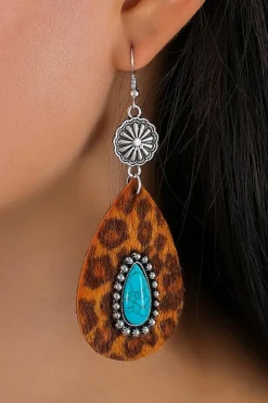 Discount Dear-Lover Western Leopard Turquoise Inlay Drop Earrings Chestnut