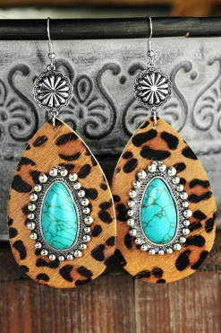 Discount Dear-Lover Western Leopard Turquoise Inlay Drop Earrings Chestnut