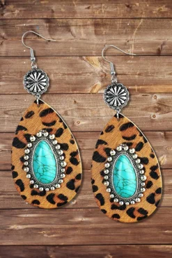 Discount Dear-Lover Western Leopard Turquoise Inlay Drop Earrings Chestnut