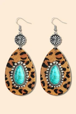 Discount Dear-Lover Western Leopard Turquoise Inlay Drop Earrings Chestnut