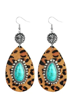 Discount Dear-Lover Western Leopard Turquoise Inlay Drop Earrings Chestnut