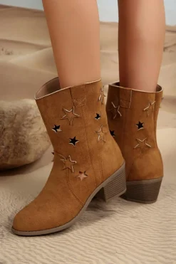 Sale Dear-Lover Western Star Decor Suede Chunky Heel Boots Chestnut