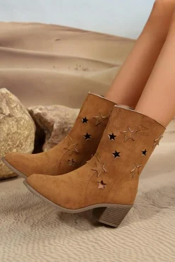 Sale Dear-Lover Western Star Decor Suede Chunky Heel Boots Chestnut