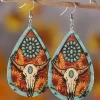 Fashion Dear-Lover Western Steer Head Print Wooden Drop Earrings Chestnut