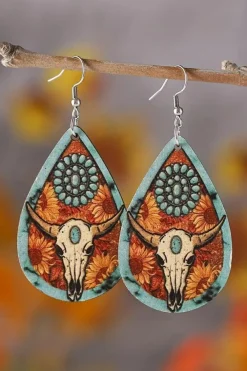 Fashion Dear-Lover Western Steer Head Print Wooden Drop Earrings Chestnut