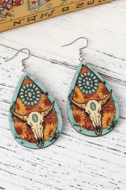 Fashion Dear-Lover Western Steer Head Print Wooden Drop Earrings Chestnut