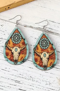 Fashion Dear-Lover Western Steer Head Print Wooden Drop Earrings Chestnut
