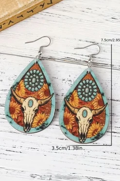Fashion Dear-Lover Western Steer Head Print Wooden Drop Earrings Chestnut