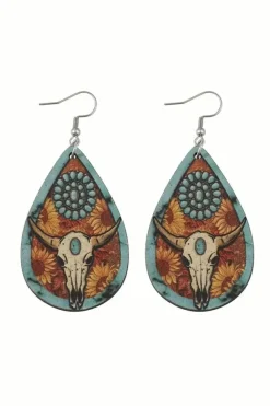 Fashion Dear-Lover Western Steer Head Print Wooden Drop Earrings Chestnut