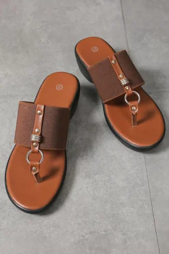 Online Dear-Lover Wide Band Clip Toe PU Leather Wedge Slippers Chestnut