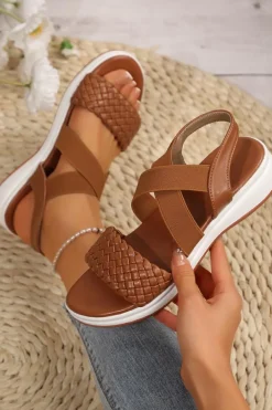 Fashion Dear-Lover Woven Elastic Criss Cross Slope Sandals Chestnut