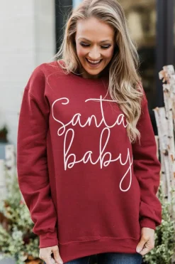 Hot Dear-Lover Christmas Santa Baby Print Pullover Sweatshirt Fiery Red