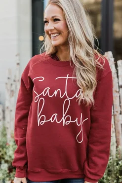 Hot Dear-Lover Christmas Santa Baby Print Pullover Sweatshirt Fiery Red
