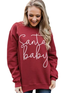 Hot Dear-Lover Christmas Santa Baby Print Pullover Sweatshirt Fiery Red