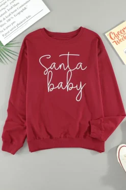 Hot Dear-Lover Christmas Santa Baby Print Pullover Sweatshirt Fiery Red