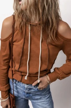 Fashion Dear-Lover Exposed Seam Cold Shoulder Drawstring Hoodie Cinnamon