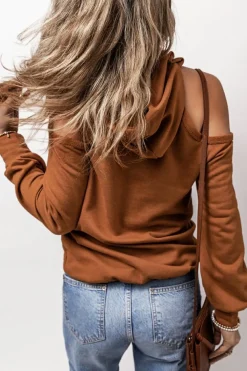 Fashion Dear-Lover Exposed Seam Cold Shoulder Drawstring Hoodie Cinnamon