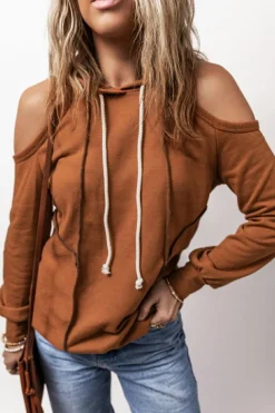 Fashion Dear-Lover Exposed Seam Cold Shoulder Drawstring Hoodie Cinnamon