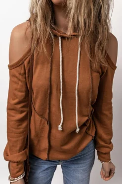 Fashion Dear-Lover Exposed Seam Cold Shoulder Drawstring Hoodie Cinnamon